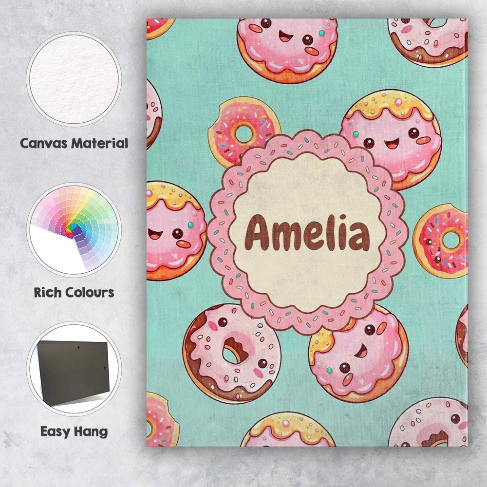 Personalised Name Cute Kawaii Donuts Mint Custom Unique Gift Idea Elegant Feature Canvas Wall Art Print Decor Picture Ready to Hang