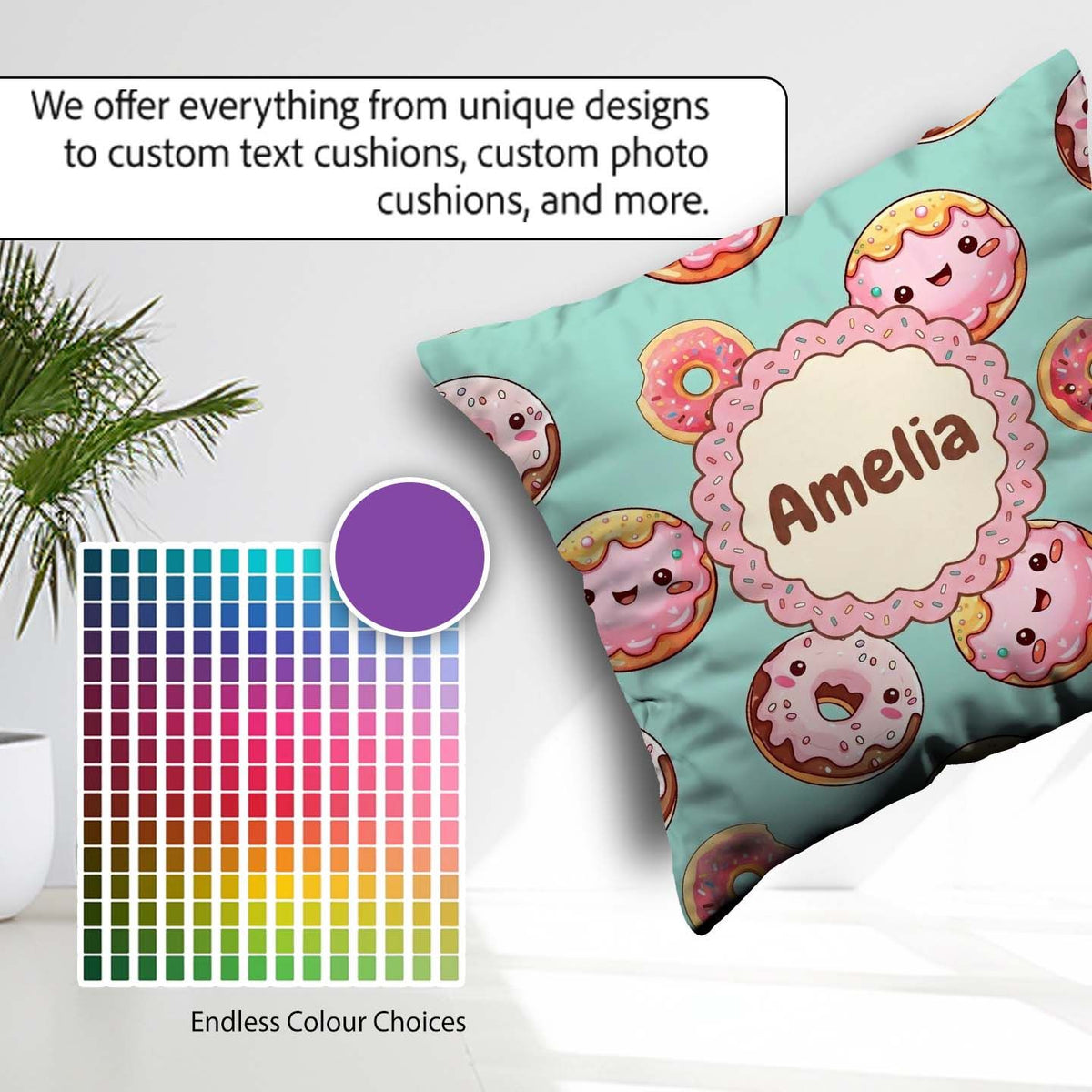 Custom Name Kawaii Donuts Mint Background Sweet Dessert Seamless Square Filled Cushion Throw Pillow Sofa Bed Home Decor Zip Washable UK Made