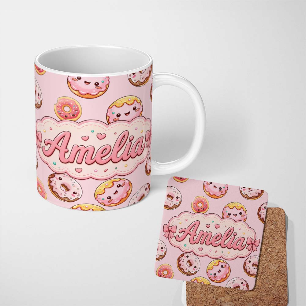 Personalized Custom Name Cute Kawaii Donuts Soft Pink Background Sweet Dessert Seamless 11oz Ceramic Coffee Tea Mug White Large Handle