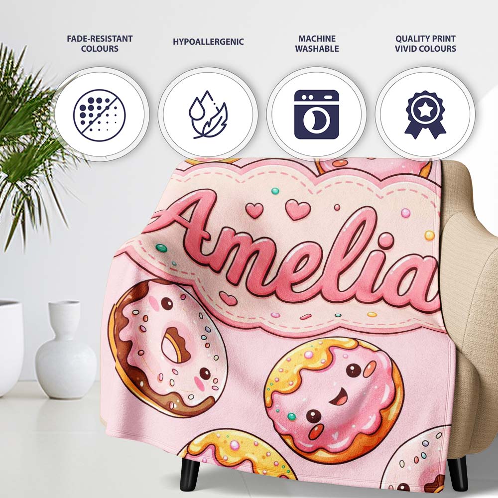 Cute Kawaii Donuts Soft Pink Background Sweet Dessert Seamless Personalised Custom Name Super Soft Fleece Blanket Bed Sofa Throw