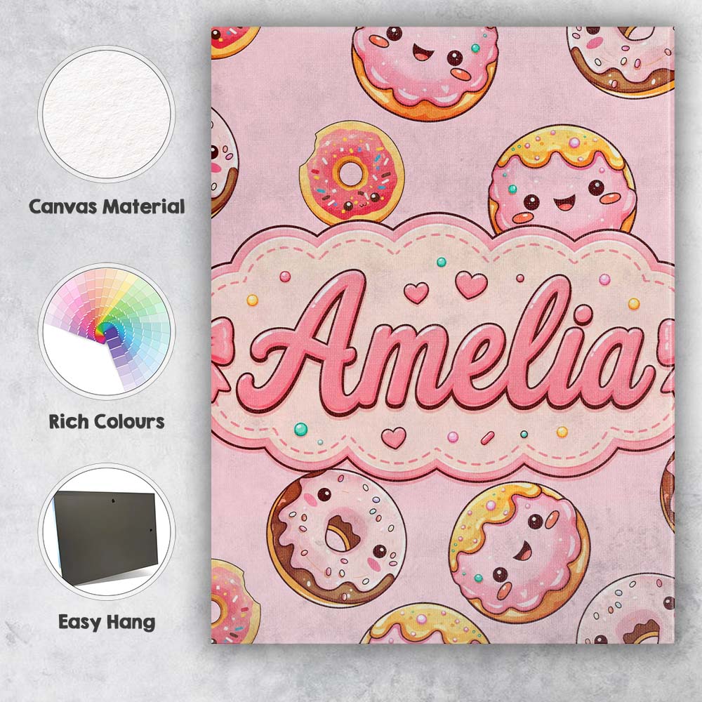 Personalised Name Cute Kawaii Donuts Soft Custom Unique Gift Idea Elegant Feature Canvas Wall Art Print Decor Picture Ready to Hang