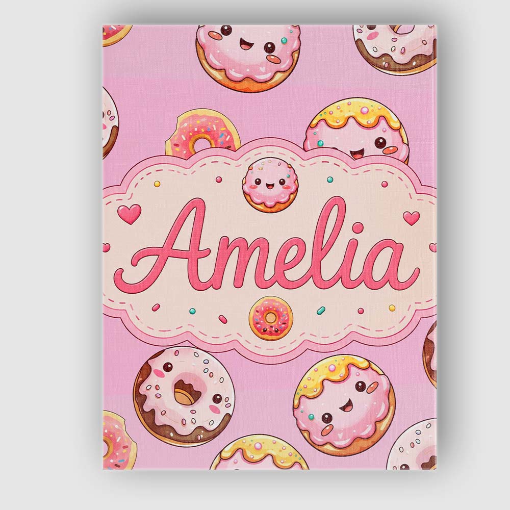 Personalised Name Cute Kawaii Donuts Pink Custom Unique Gift Idea Elegant Feature Canvas Wall Art Print Decor Picture Ready to Hang