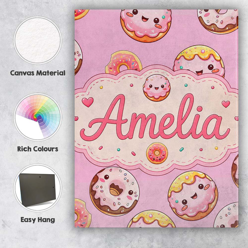 Personalised Name Cute Kawaii Donuts Pink Custom Unique Gift Idea Elegant Feature Canvas Wall Art Print Decor Picture Ready to Hang