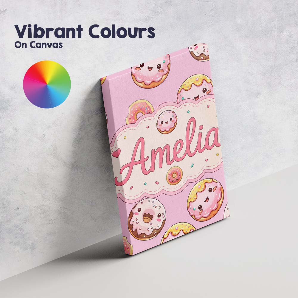 Personalised Name Cute Kawaii Donuts Pink Custom Unique Gift Idea Elegant Feature Canvas Wall Art Print Decor Picture Ready to Hang