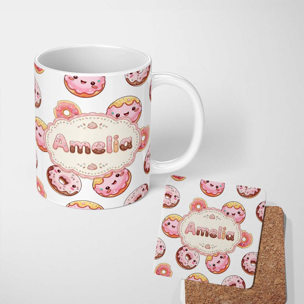Personalized Custom Name Cute Kawaii Donuts Grey Background Sweet Dessert Seamless Pattern 11oz Ceramic Coffee Tea Mug White Large Handle