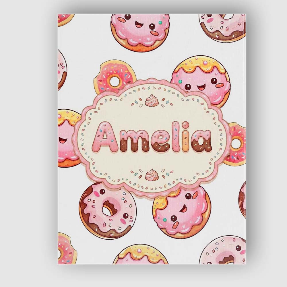 Personalised Name Cute Kawaii Donuts Grey Custom Unique Gift Idea Elegant Feature Canvas Wall Art Print Decor Picture Ready to Hang
