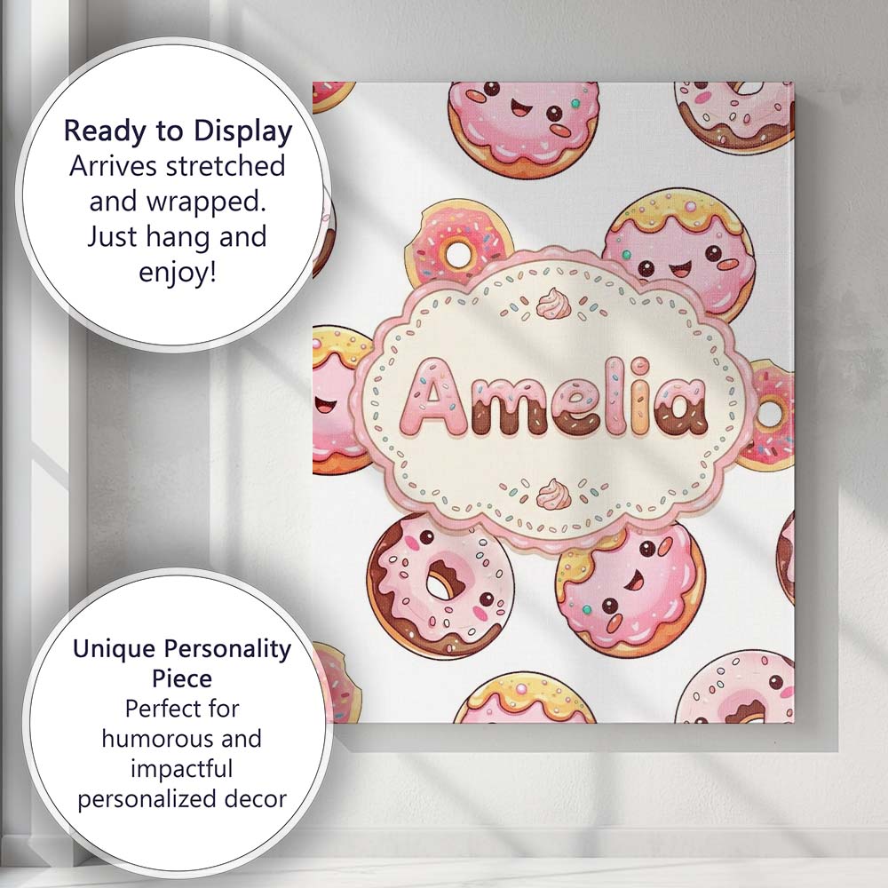 Personalised Name Cute Kawaii Donuts Grey Custom Unique Gift Idea Elegant Feature Canvas Wall Art Print Decor Picture Ready to Hang