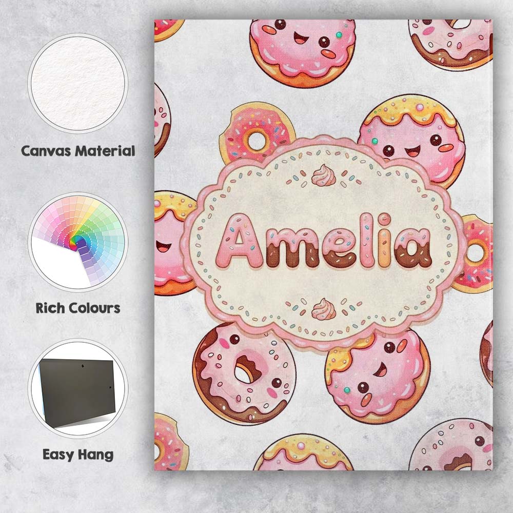 Personalised Name Cute Kawaii Donuts Grey Custom Unique Gift Idea Elegant Feature Canvas Wall Art Print Decor Picture Ready to Hang