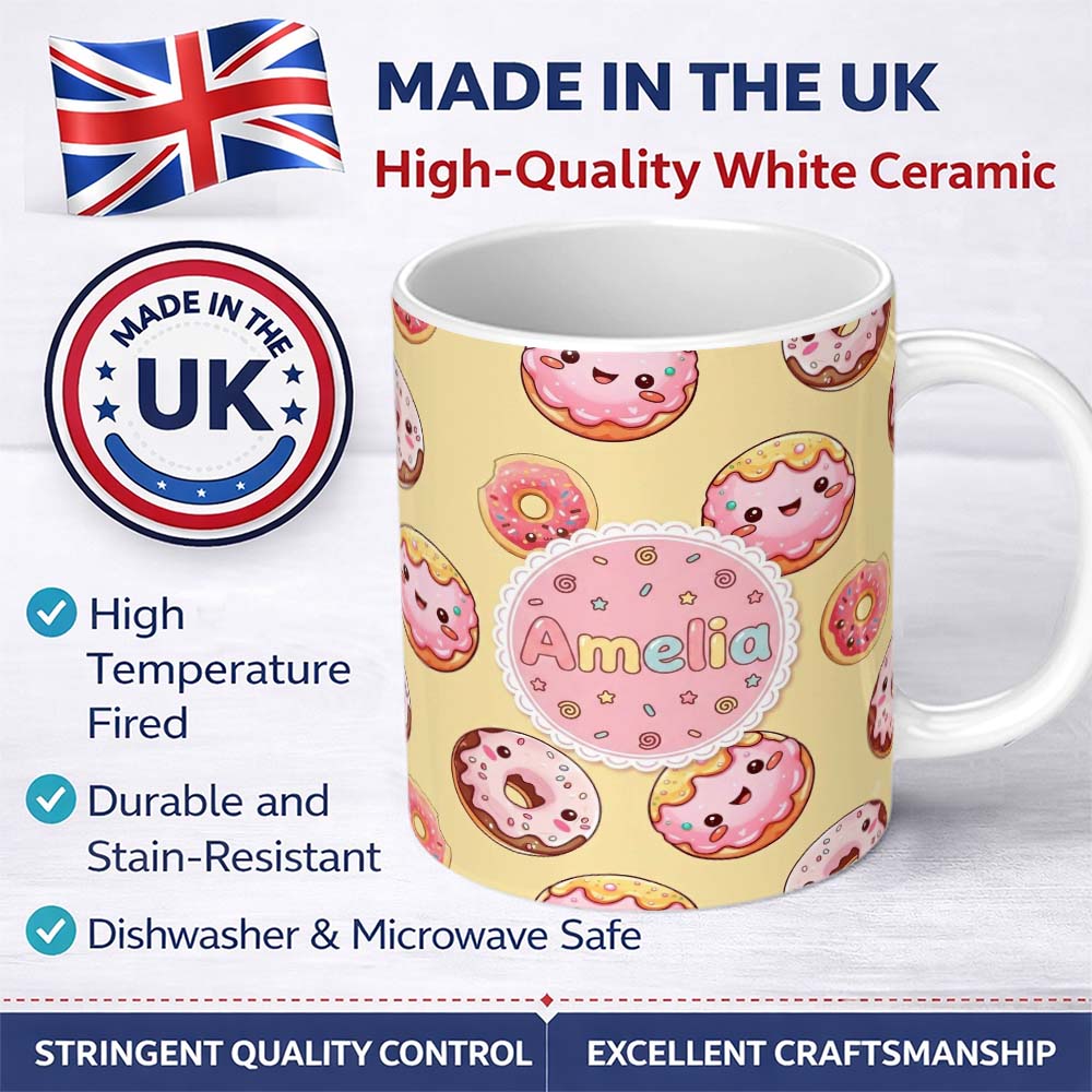 Personalized Custom Name Cute Kawaii Donuts Yellow Background Sweet Dessert Seamless Pattern 11oz Ceramic Coffee Tea Mug White Large Handle