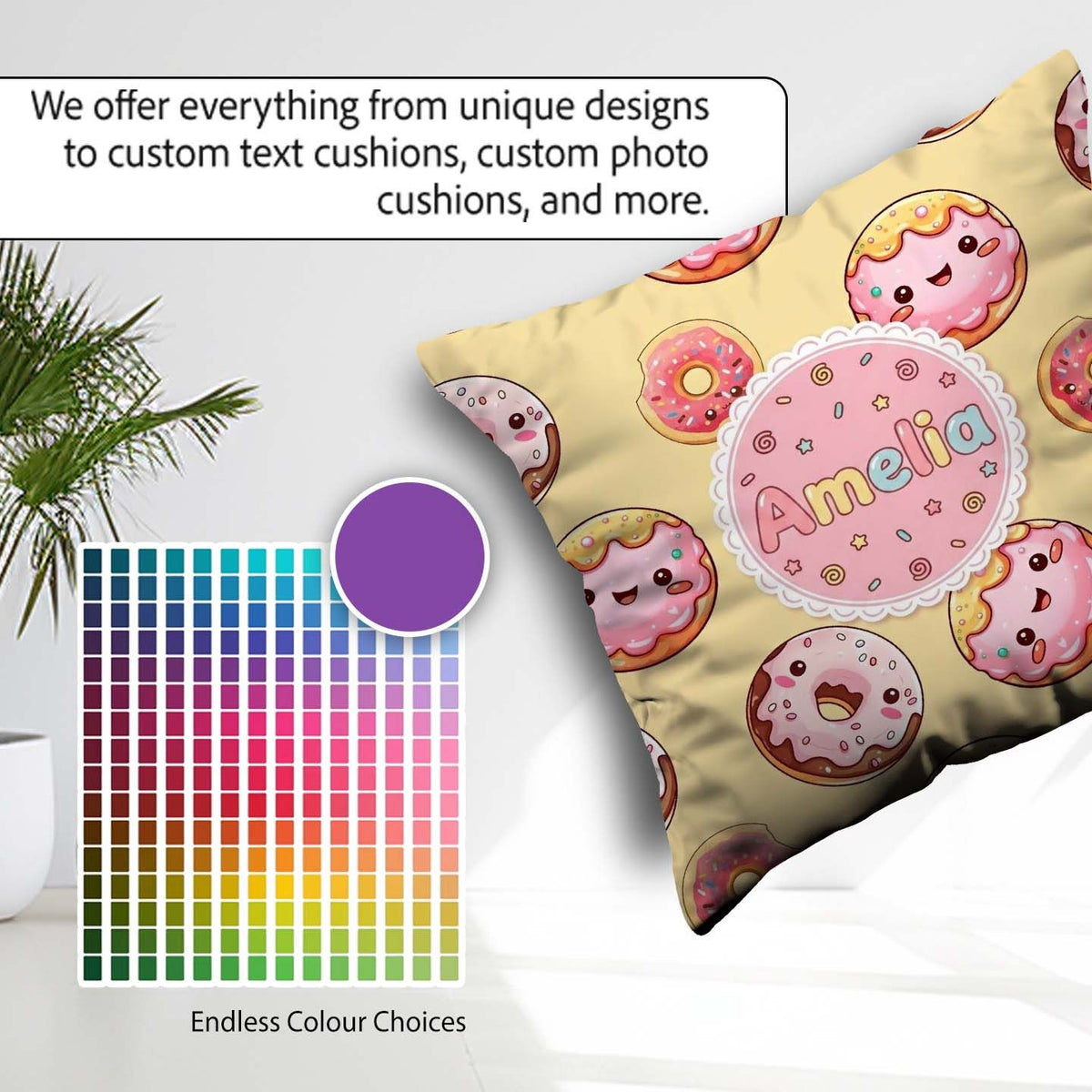 Custom Name Kawaii Donuts Yellow Sweet Dessert Seamless Pattern Square Filled Cushion Throw Pillow Sofa Bed Home Decor Zip Washable UK Made