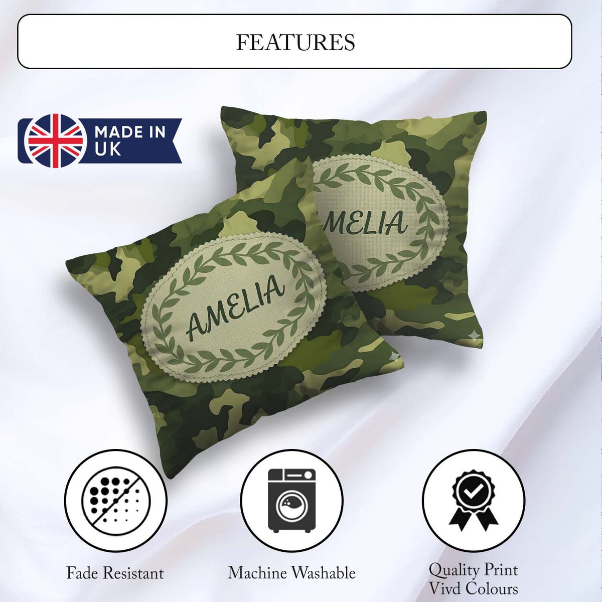 Custom Name Rich Woodland Green Camouflage Seamless Pattern Cup Square Filled Cushion Throw Pillow Sofa Bed Home Decor Zip Washable UK Made