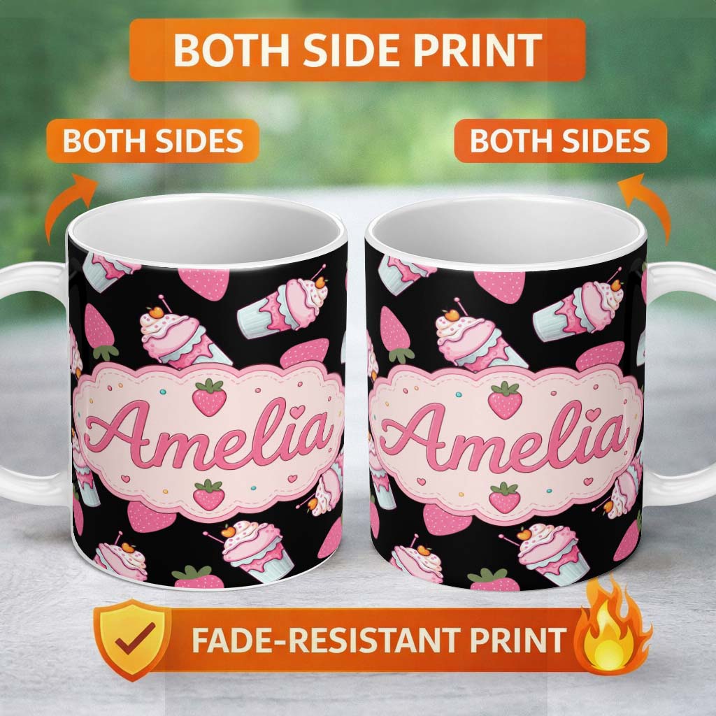 Personalized Custom Name Cute Strawberry Milkshake Cupcake Black Background Seamless Pattern 11oz Ceramic Coffee Tea Mug White Large Handle