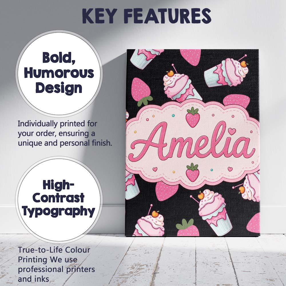 Personalised Name Cute Strawberry Milkshake Custom Bespoke Interior Contemporary Canvas Wall Art Print Decor Picture Ready to Hang