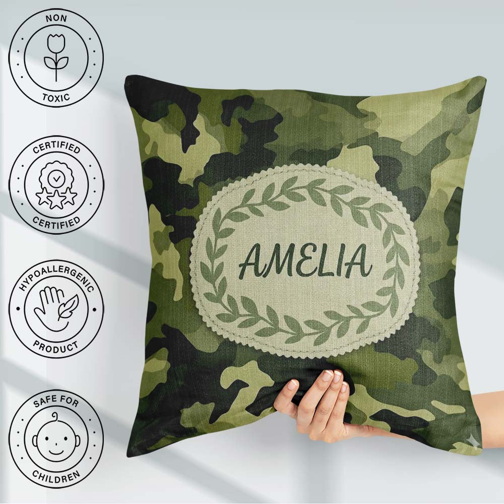 Custom Name Rich Woodland Green Camouflage Seamless Pattern Cup Square Filled Cushion Throw Pillow Sofa Bed Home Decor Zip Washable UK Made