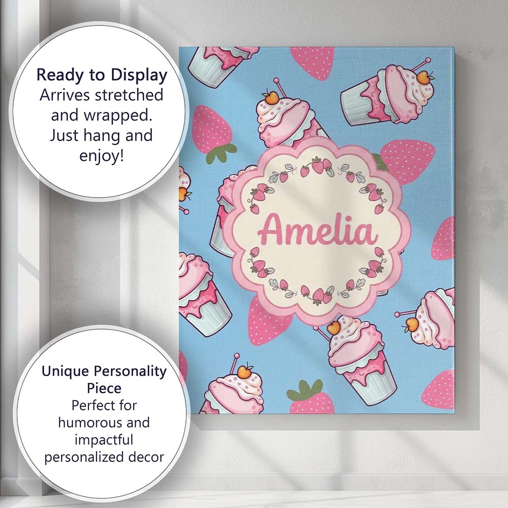 Personalised Name Cute Strawberry Milkshake Custom Bespoke Interior Contemporary Canvas Wall Art Print Decor Picture Ready to Hang