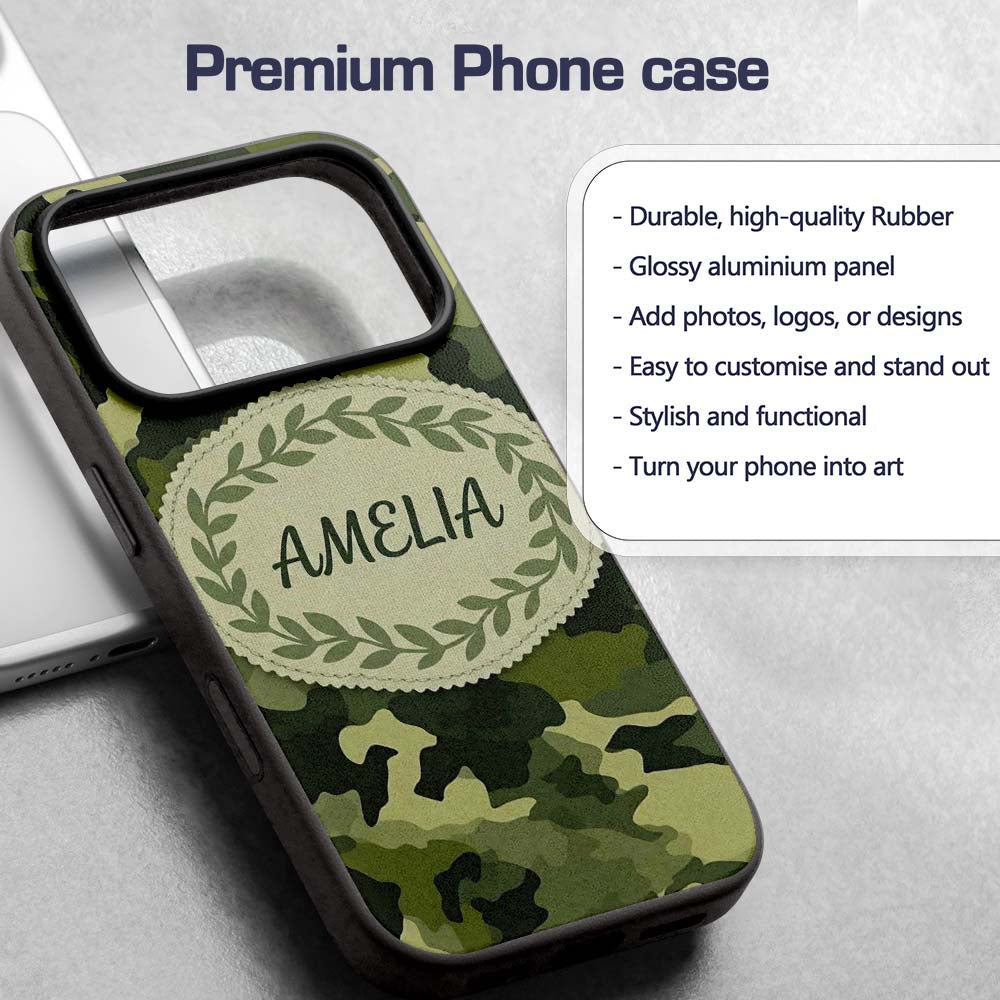 Rich Woodland Green Camouflage Seamless Pattern Custom Name Protective Phone Case Mobile Cover Durable Everyday Smartphone Shock Resistant