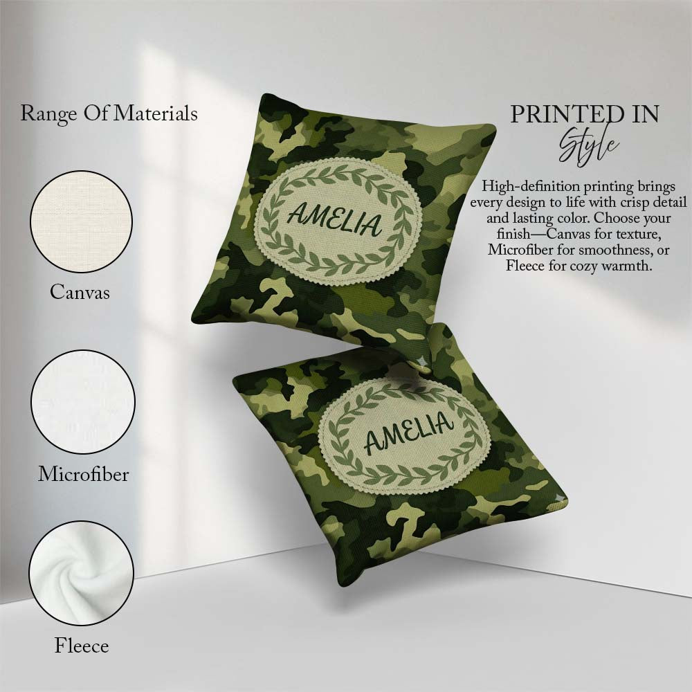 Custom Name Rich Woodland Green Camouflage Seamless Pattern Cup Square Filled Cushion Throw Pillow Sofa Bed Home Decor Zip Washable UK Made