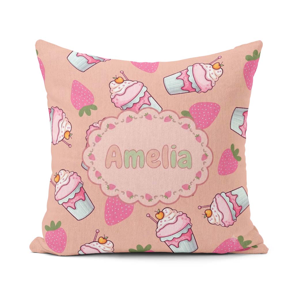 Custom Name Strawberry Cupcake Peach Background Seamless Pattern Square Filled Cushion Throw Pillow Sofa Bed Home Decor Zip Washable UK Made
