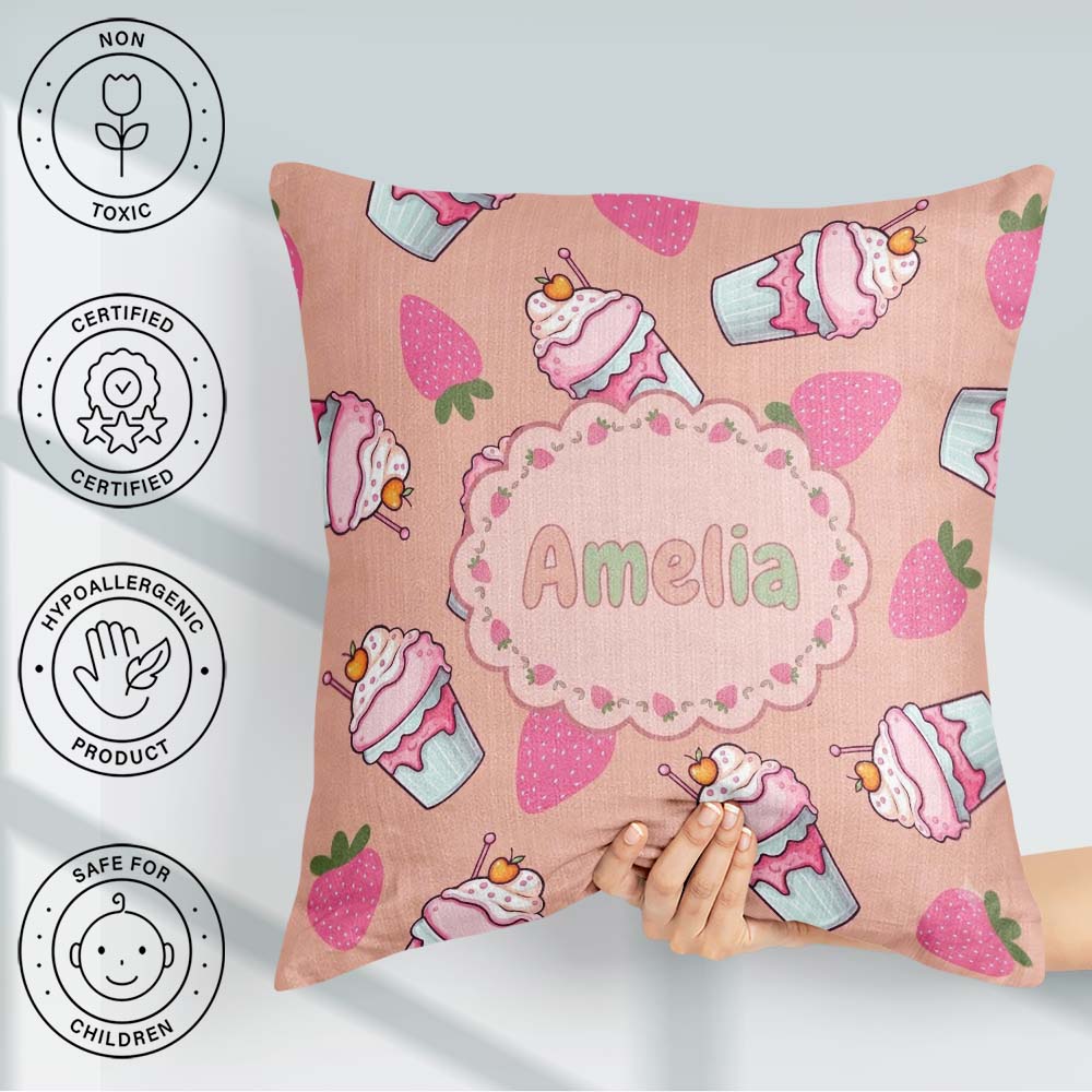 Custom Name Strawberry Cupcake Peach Background Seamless Pattern Square Filled Cushion Throw Pillow Sofa Bed Home Decor Zip Washable UK Made