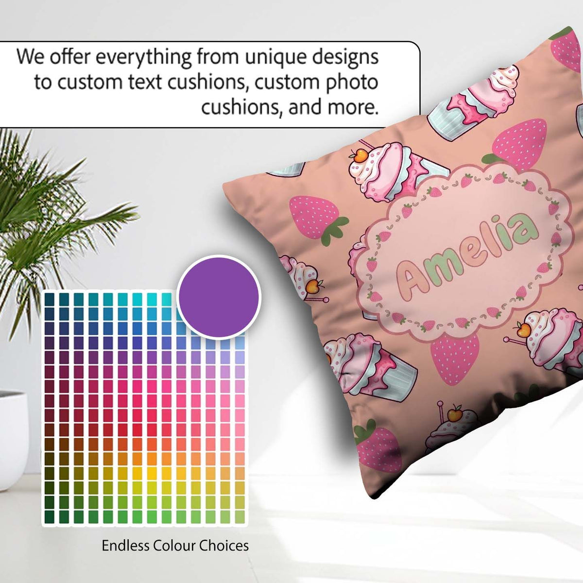 Custom Name Strawberry Cupcake Peach Background Seamless Pattern Square Filled Cushion Throw Pillow Sofa Bed Home Decor Zip Washable UK Made