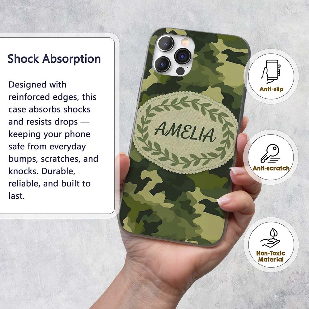 Rich Woodland Green Camouflage Seamless Pattern Custom Name Protective Phone Case Mobile Cover Durable Everyday Smartphone Shock Resistant