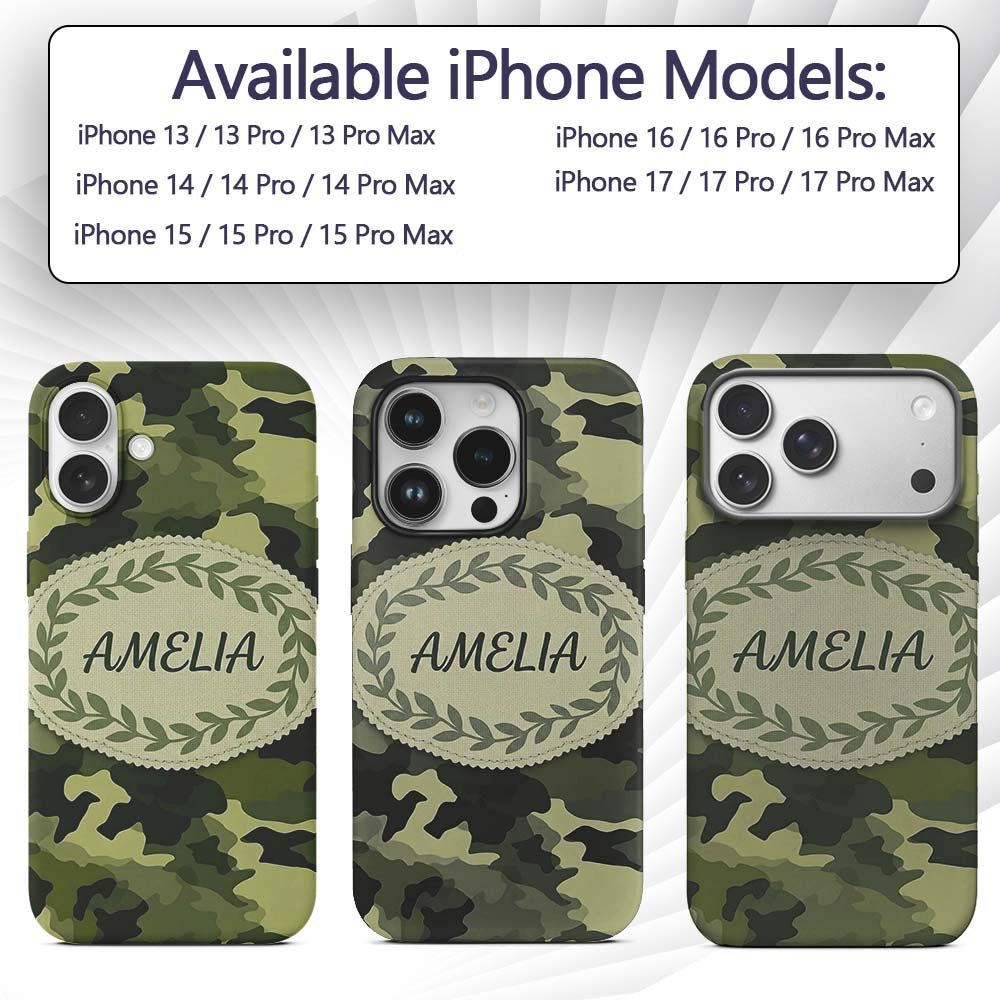 Rich Woodland Green Camouflage Seamless Pattern Custom Name Protective Phone Case Mobile Cover Durable Everyday Smartphone Shock Resistant