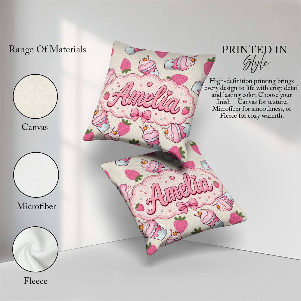 Custom Name Strawberry Cupcake Cream Background Seamless Pattern Square Filled Cushion Throw Pillow Sofa Bed Home Decor Zip Washable UK Made