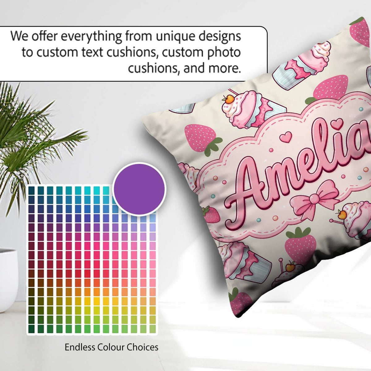 Custom Name Strawberry Cupcake Cream Background Seamless Pattern Square Filled Cushion Throw Pillow Sofa Bed Home Decor Zip Washable UK Made