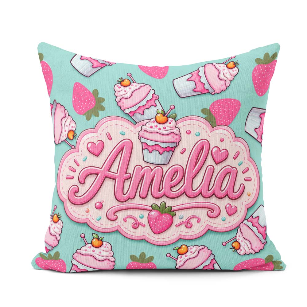 Custom Name Strawberry Milkshake Cupcake Mint Background Pattern Square Filled Cushion Throw Pillow Sofa Bed Home Decor Zip Washable UK Made
