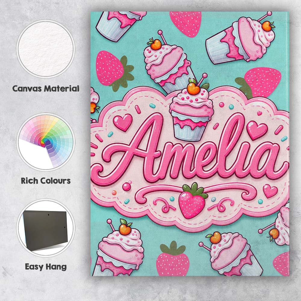 Personalised Name Cute Strawberry Milkshake Custom Bespoke Interior Contemporary Canvas Wall Art Print Decor Picture Ready to Hang