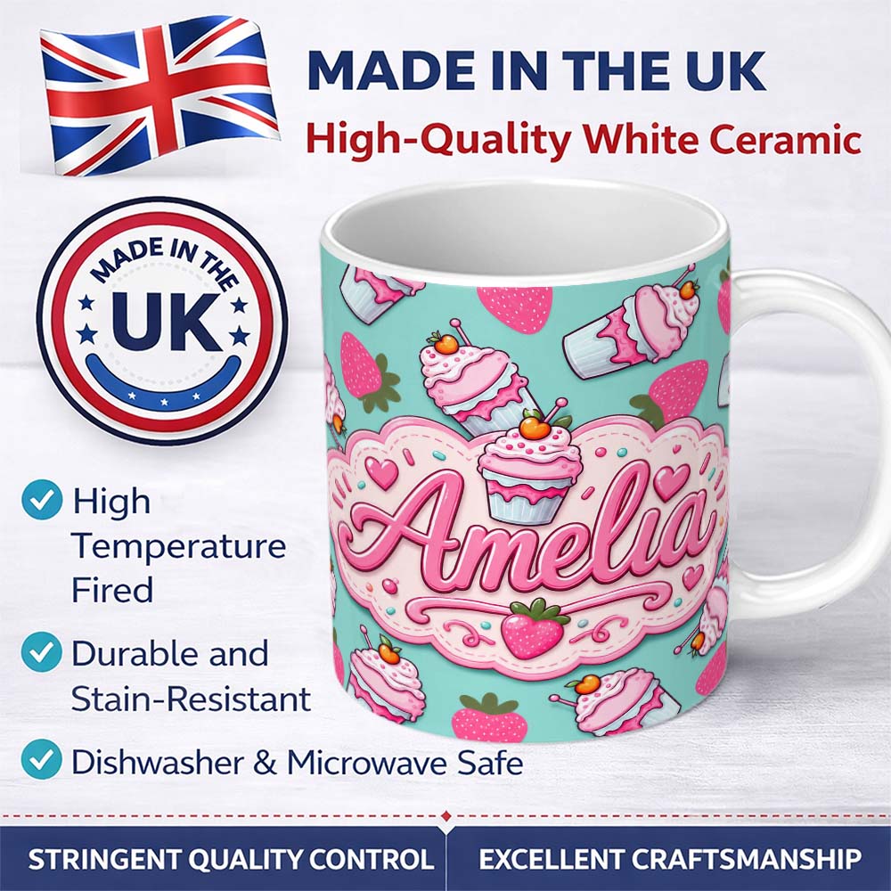 Personalized Custom Name Cute Strawberry Milkshake Cupcake Mint Background Seamless Pattern 11oz Ceramic Coffee Tea Mug White Large Handle