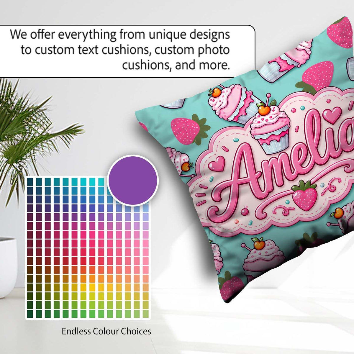 Custom Name Strawberry Milkshake Cupcake Mint Background Pattern Square Filled Cushion Throw Pillow Sofa Bed Home Decor Zip Washable UK Made