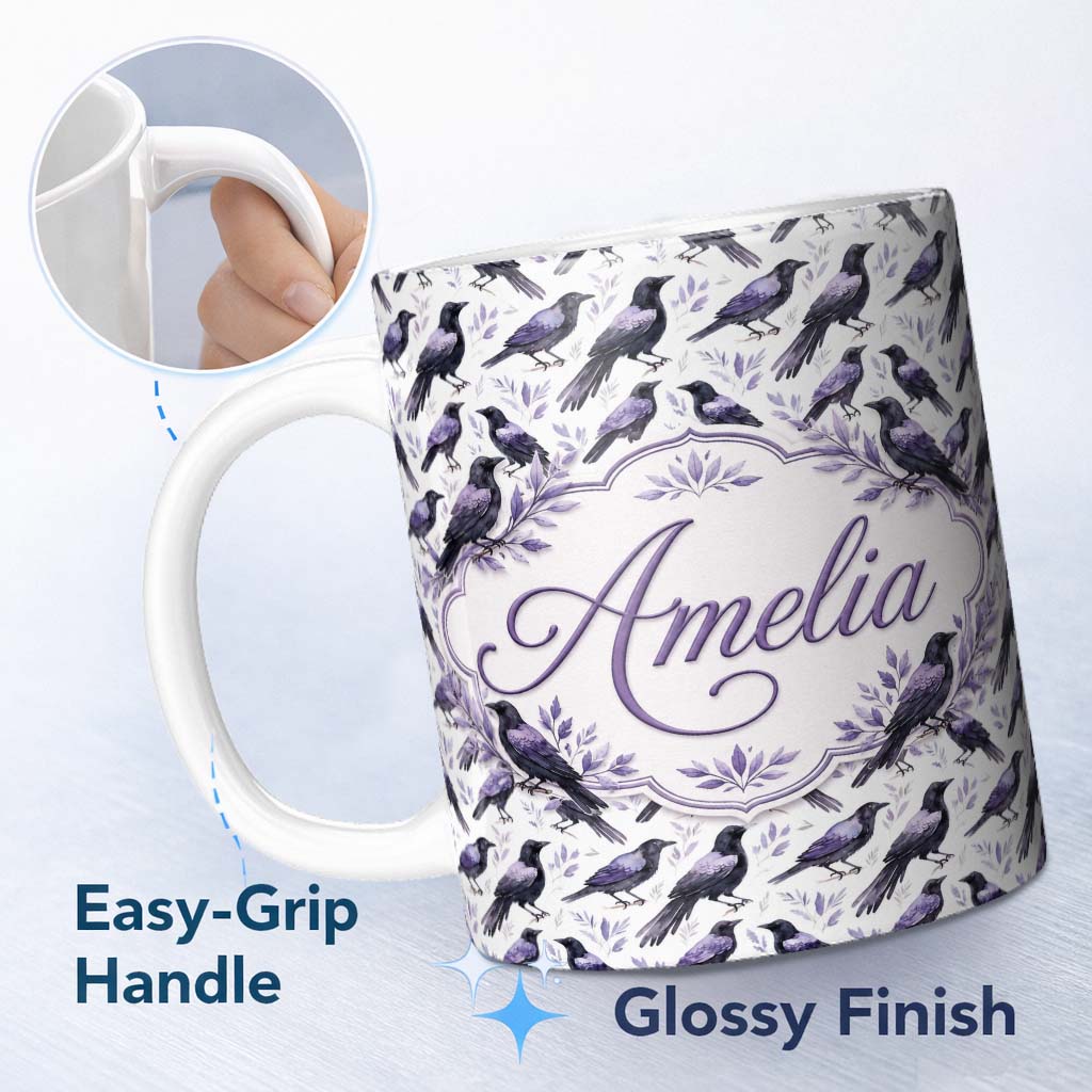 Personalized Custom Name Purple Black Raven Birds Minimal Botanical Seamless Pattern Lovely 11oz Ceramic Coffee Tea Mug White Large Handle