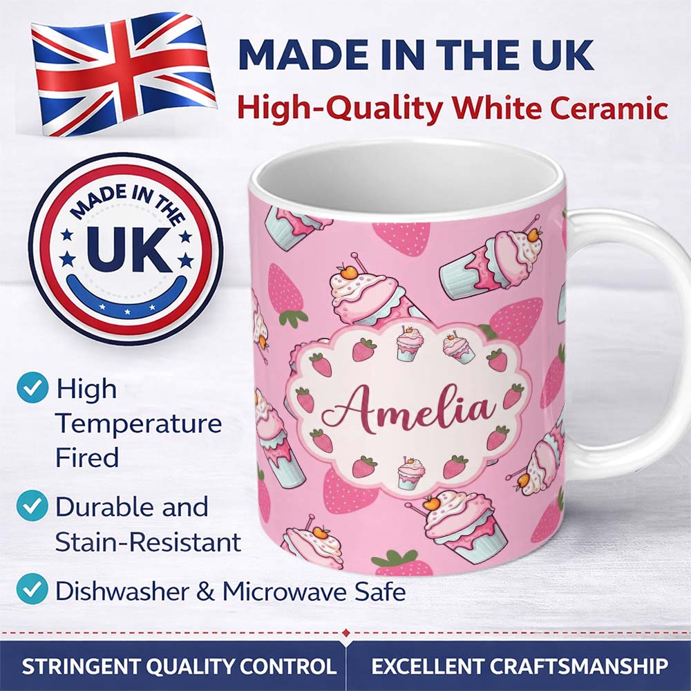 Personalized Custom Name Cute Strawberry Milkshake Cupcake Soft Pink Background Seamless 11oz Ceramic Coffee Tea Mug White Large Handle