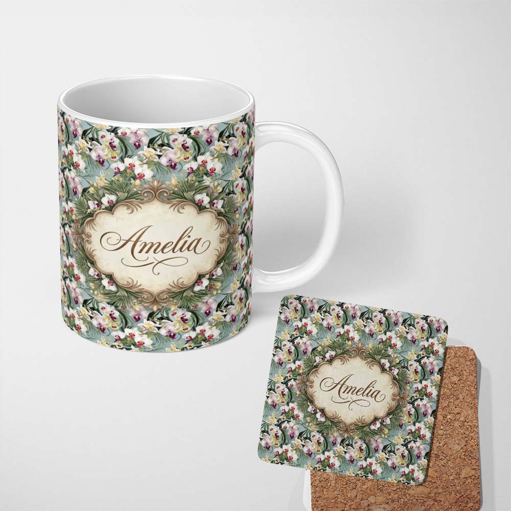 Personalized Custom Name Tropical Orchid Floral with Cream and Pink Blooms Soft Blue Lovely 11oz Ceramic Coffee Tea Mug White Large Handle