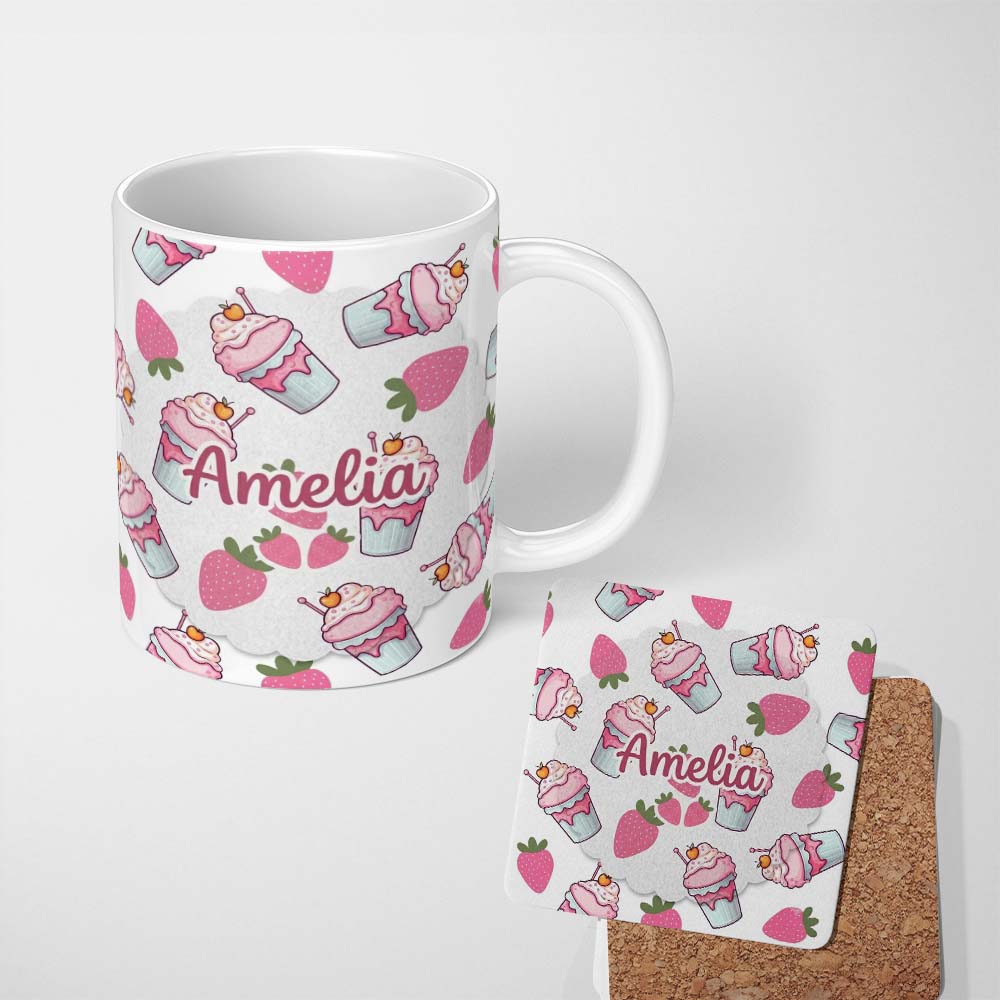 Personalized Custom Name Cute Strawberry Milkshake Cupcake Light Grey Background Seamless 11oz Ceramic Coffee Tea Mug White Large Handle