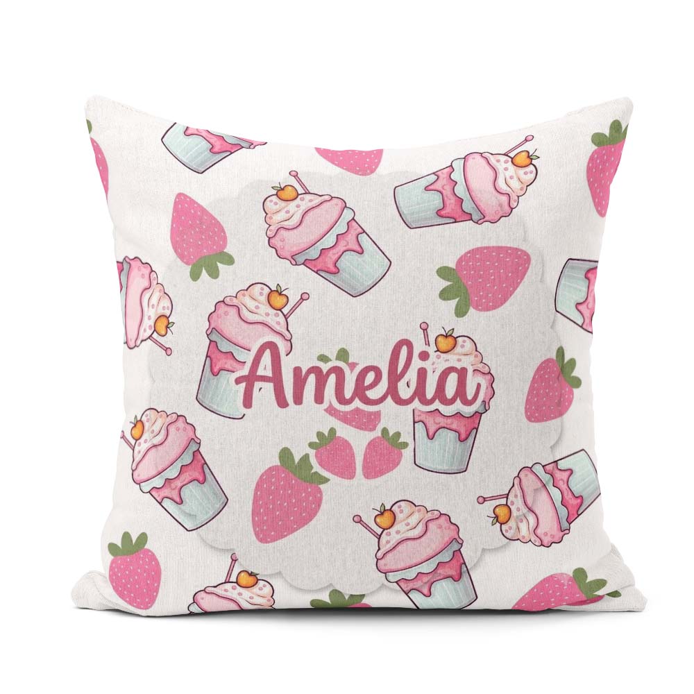 Custom Name Strawberry Milkshake Light Grey Background Seamless Square Filled Cushion Throw Pillow Sofa Bed Home Decor Zip Washable UK Made