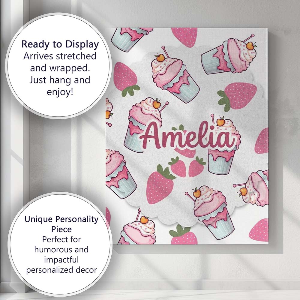 Personalised Name Cute Strawberry Milkshake Custom Bespoke Interior Contemporary Canvas Wall Art Print Decor Picture Ready to Hang