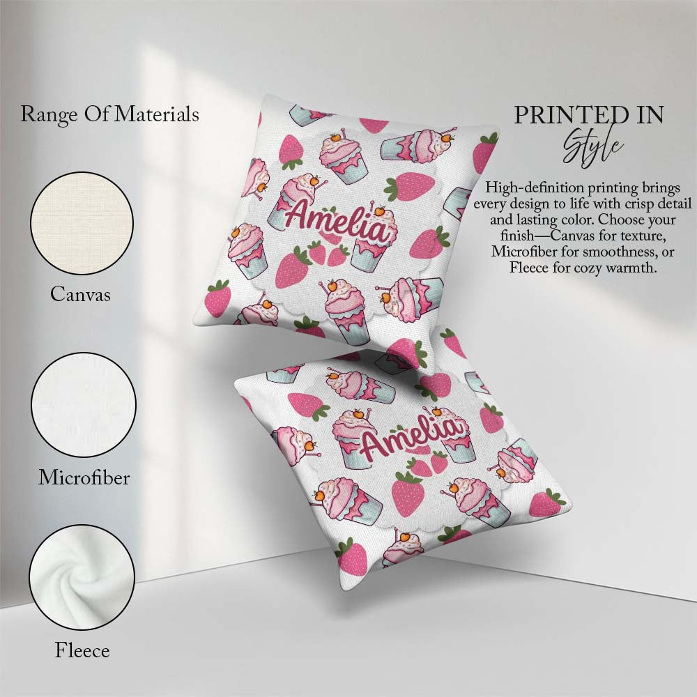 Custom Name Strawberry Milkshake Light Grey Background Seamless Square Filled Cushion Throw Pillow Sofa Bed Home Decor Zip Washable UK Made