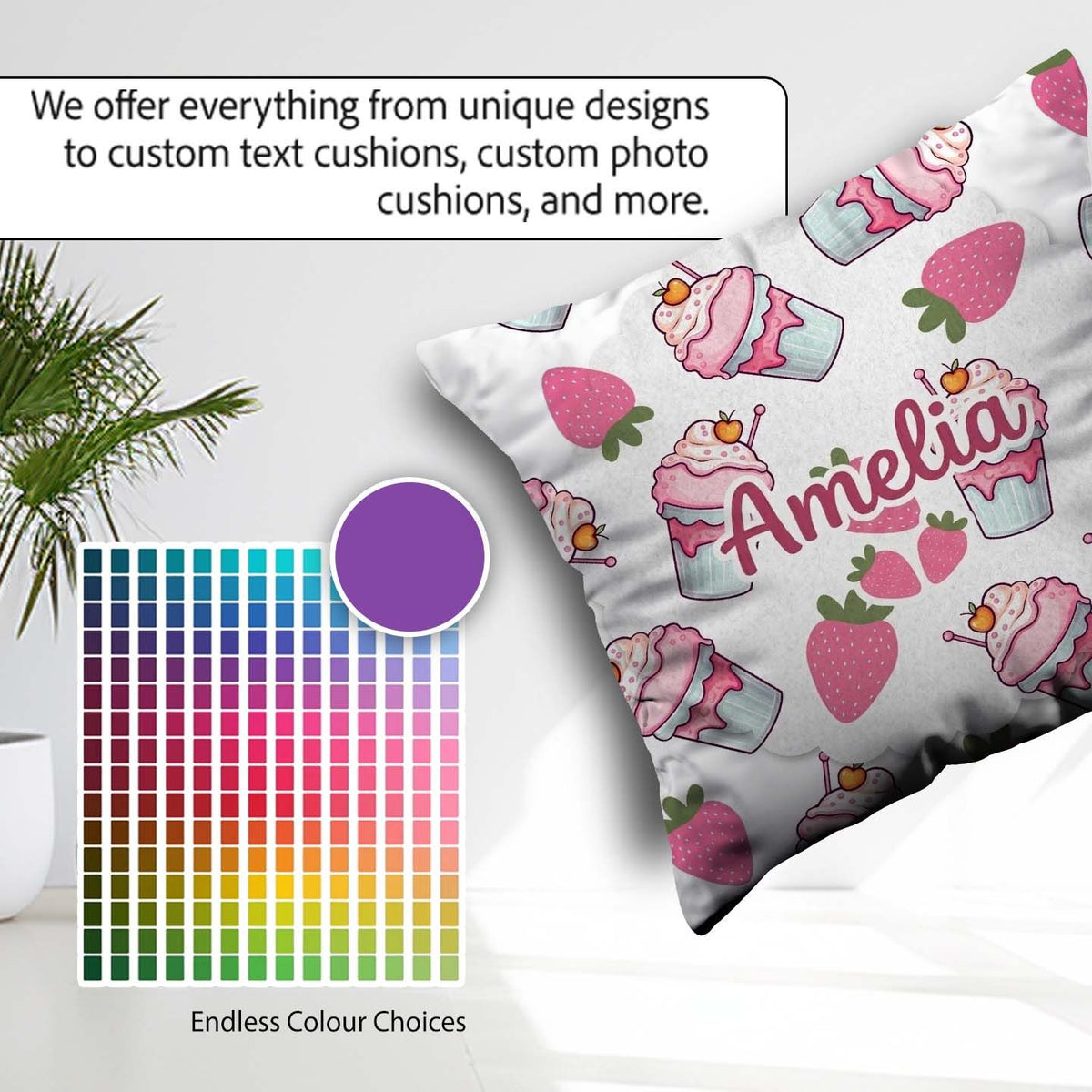 Custom Name Strawberry Milkshake Light Grey Background Seamless Square Filled Cushion Throw Pillow Sofa Bed Home Decor Zip Washable UK Made