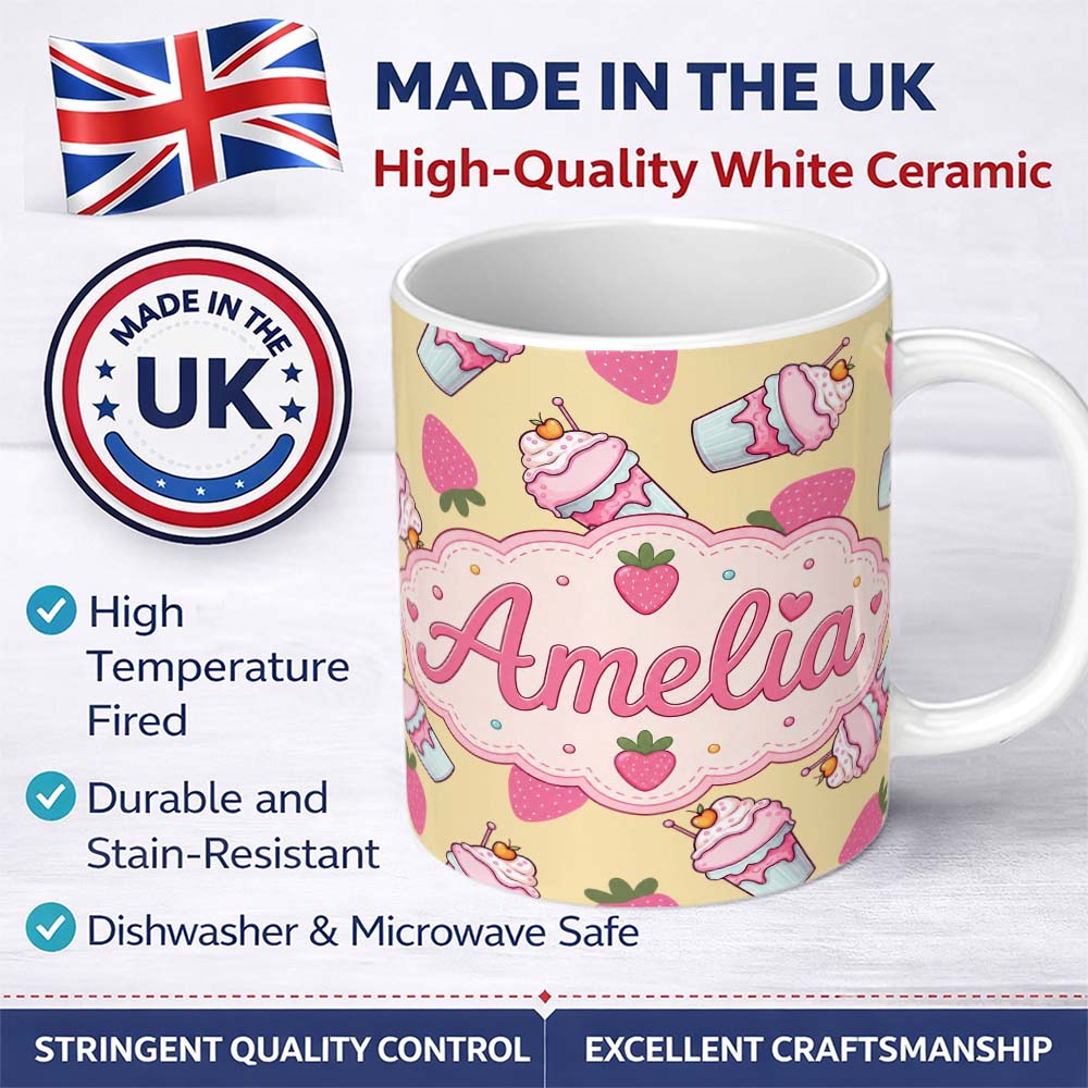 Personalized Custom Name Cute Strawberry Milkshake Cupcake Yellow Background Seamless 11oz Ceramic Coffee Tea Mug White Large Handle