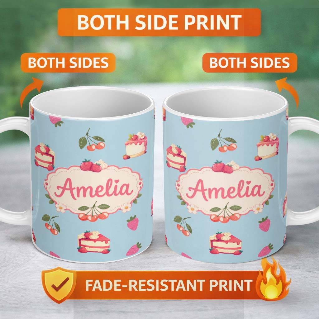 Personalized Custom Name Cute Strawberry Cake Cherry Dessert Blue Background Seamless 11oz Ceramic Coffee Tea Mug White Large Handle