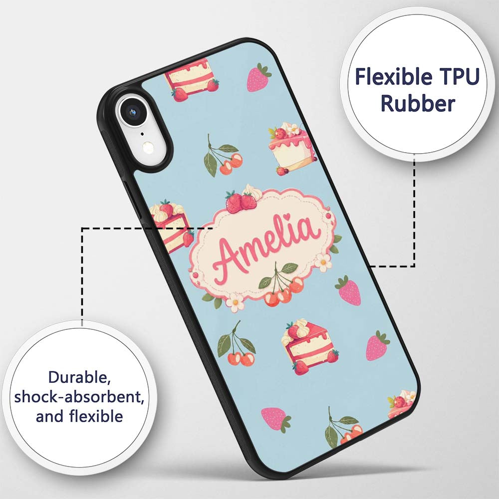 Cute Strawberry Cake Cherry Decorative Design Custom Name Protective Phone Case Mobile Cover Durable Everyday Smartphone Shock Resistant
