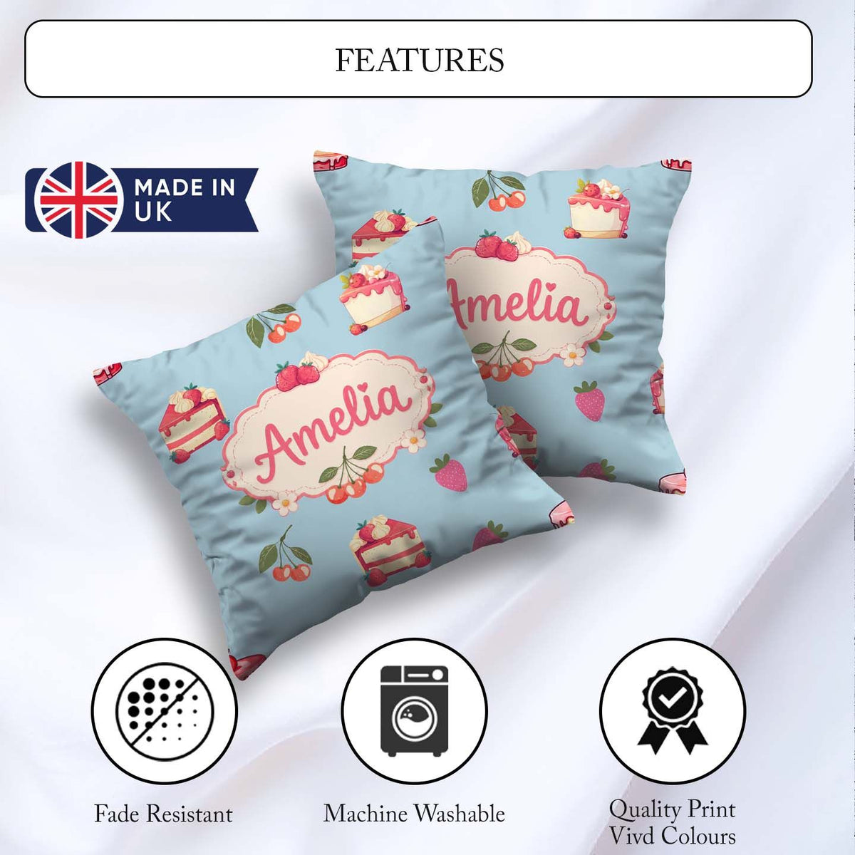 Custom Name Cute Strawberry Cake Cherry Blue Background Seamless Square Filled Cushion Throw Pillow Sofa Bed Home Decor Zip Washable UK Made