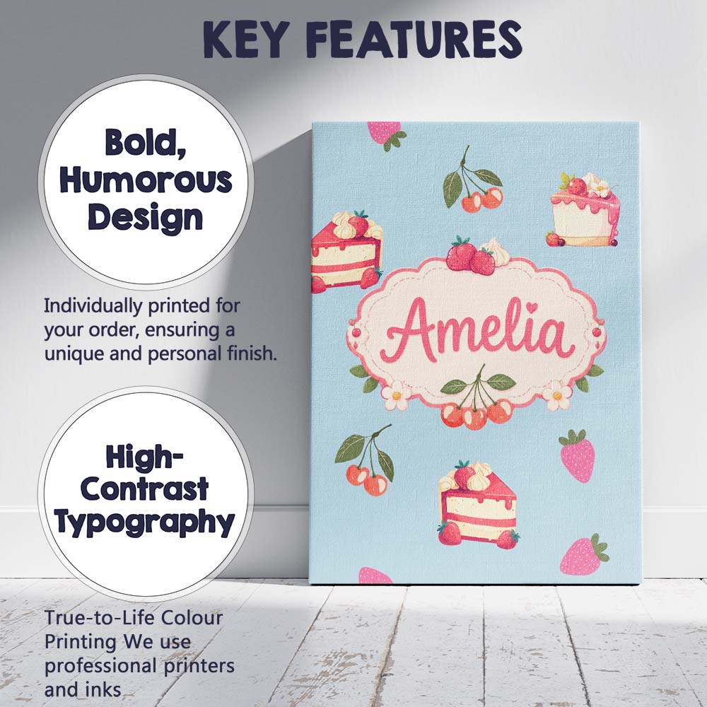 Personalised Name Cute Strawberry Cake Custom Modern Room Accent Elegant Feature Canvas Wall Art Print Decor Picture Ready to Hang