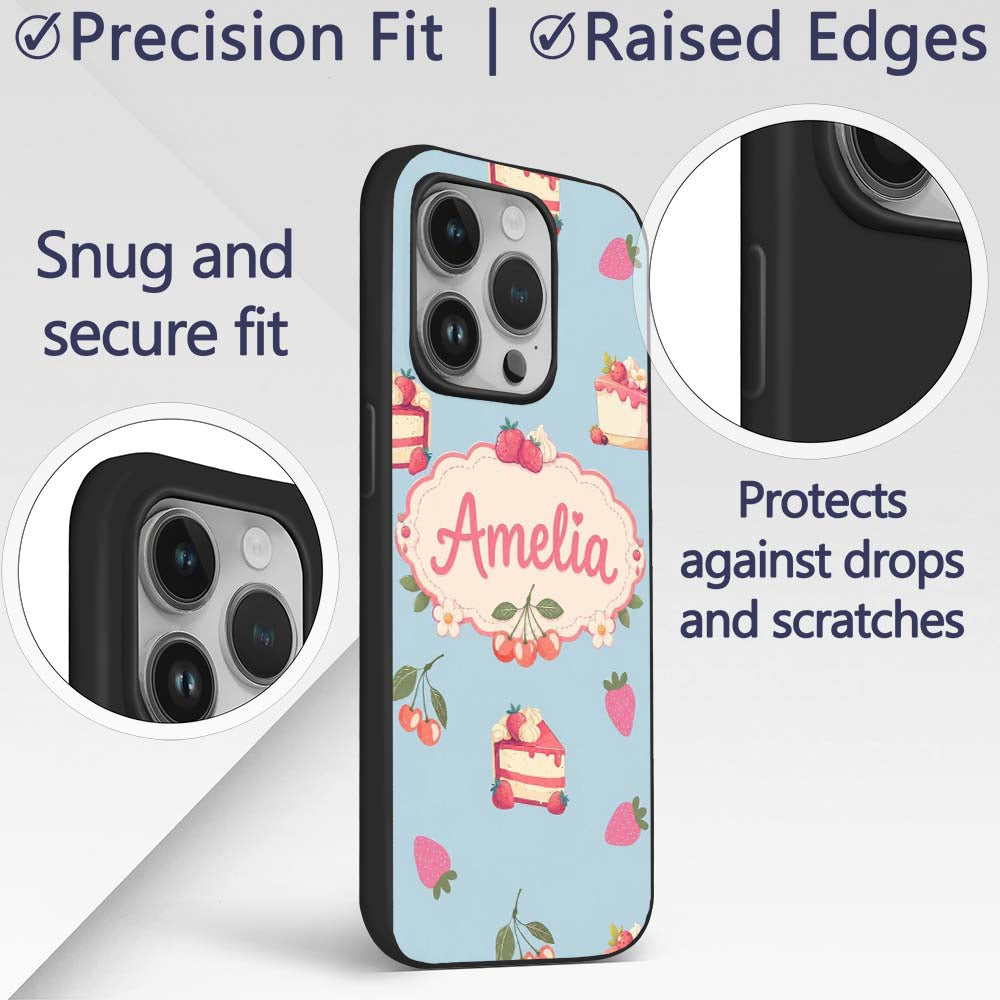 Cute Strawberry Cake Cherry Decorative Design Custom Name Protective Phone Case Mobile Cover Durable Everyday Smartphone Shock Resistant