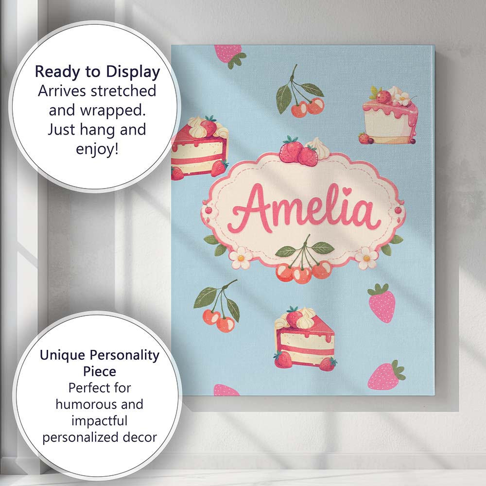 Personalised Name Cute Strawberry Cake Custom Modern Room Accent Elegant Feature Canvas Wall Art Print Decor Picture Ready to Hang