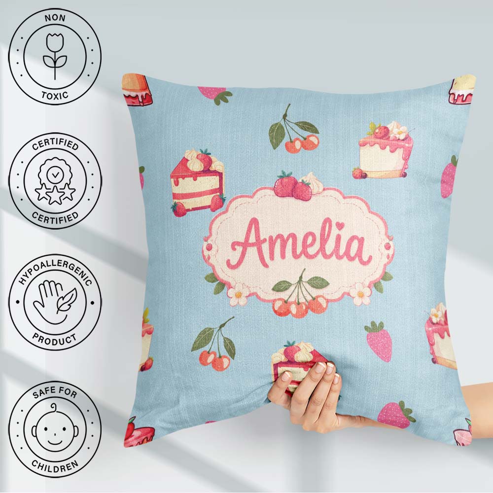 Custom Name Cute Strawberry Cake Cherry Blue Background Seamless Square Filled Cushion Throw Pillow Sofa Bed Home Decor Zip Washable UK Made