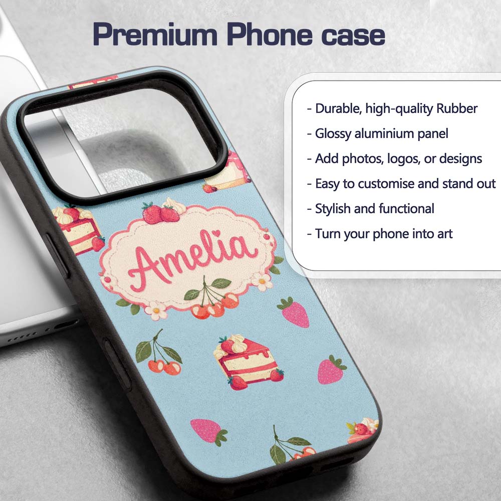 Cute Strawberry Cake Cherry Decorative Design Custom Name Protective Phone Case Mobile Cover Durable Everyday Smartphone Shock Resistant