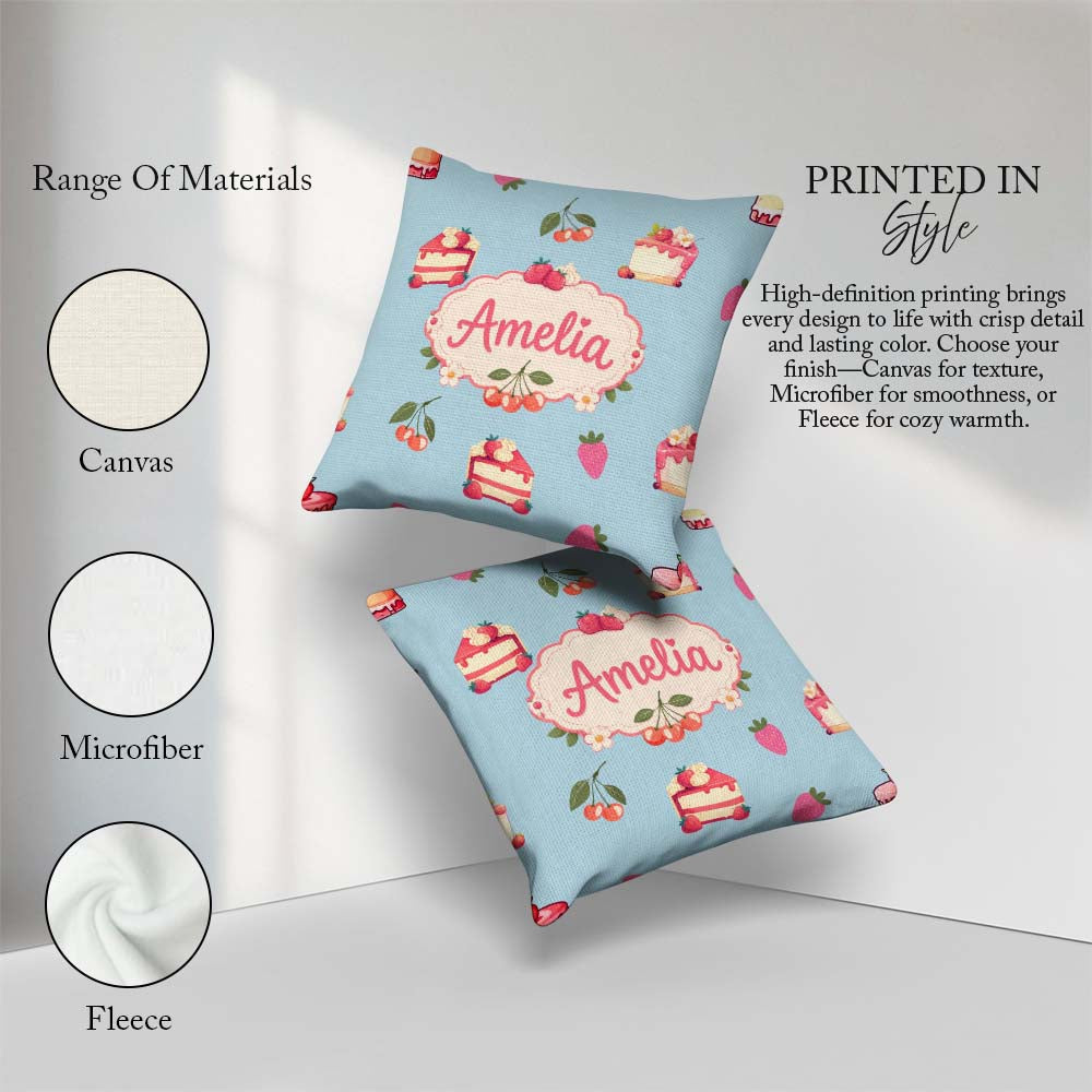 Custom Name Cute Strawberry Cake Cherry Blue Background Seamless Square Filled Cushion Throw Pillow Sofa Bed Home Decor Zip Washable UK Made
